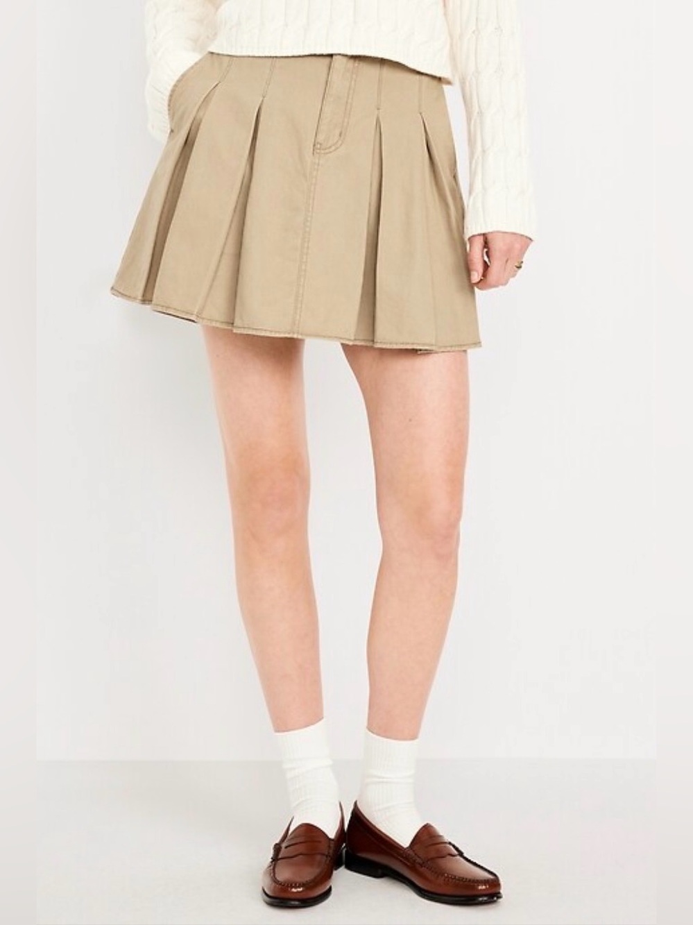 High Waisted Pleated Khaki Mini Skirt